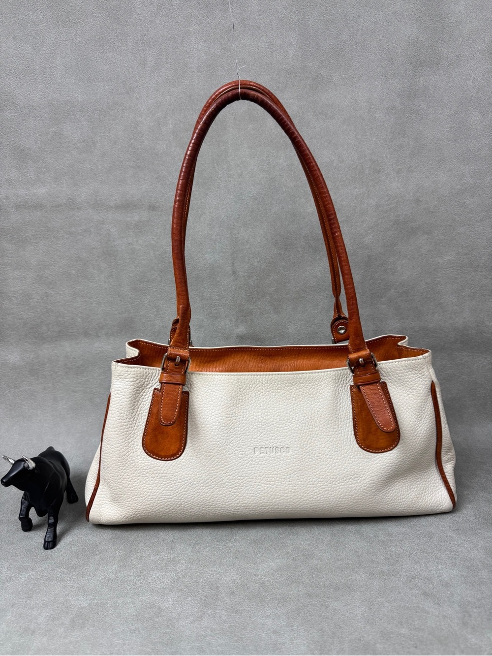 Cream and Brown Leather Shoulder Tote - Classic Contrast Design